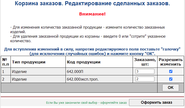 Режим редактирования корзины заявок